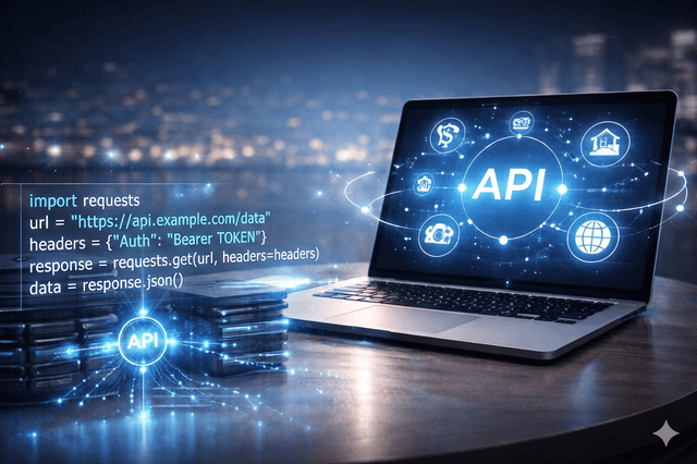 展示 API 整合場景、程式碼覆層、筆電儀表板與金融服務圖示連線的畫面