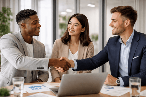 Business professionals shaking hands in a meeting