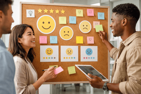 Team reviewing user feedback on a board