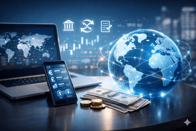 Cross-border payments dashboard with connected globe and multiple transfer touchpoints