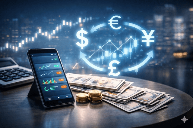 展示即時匯率圖表、貨幣符號與報價介面的貨幣兌換畫面