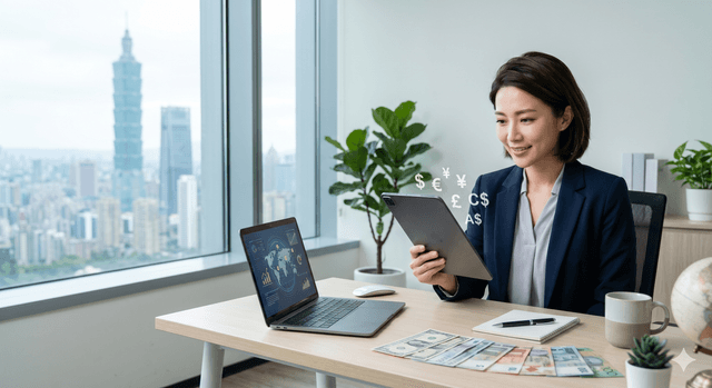Workspace view of a professional managing multiple currencies from a tablet and laptop
