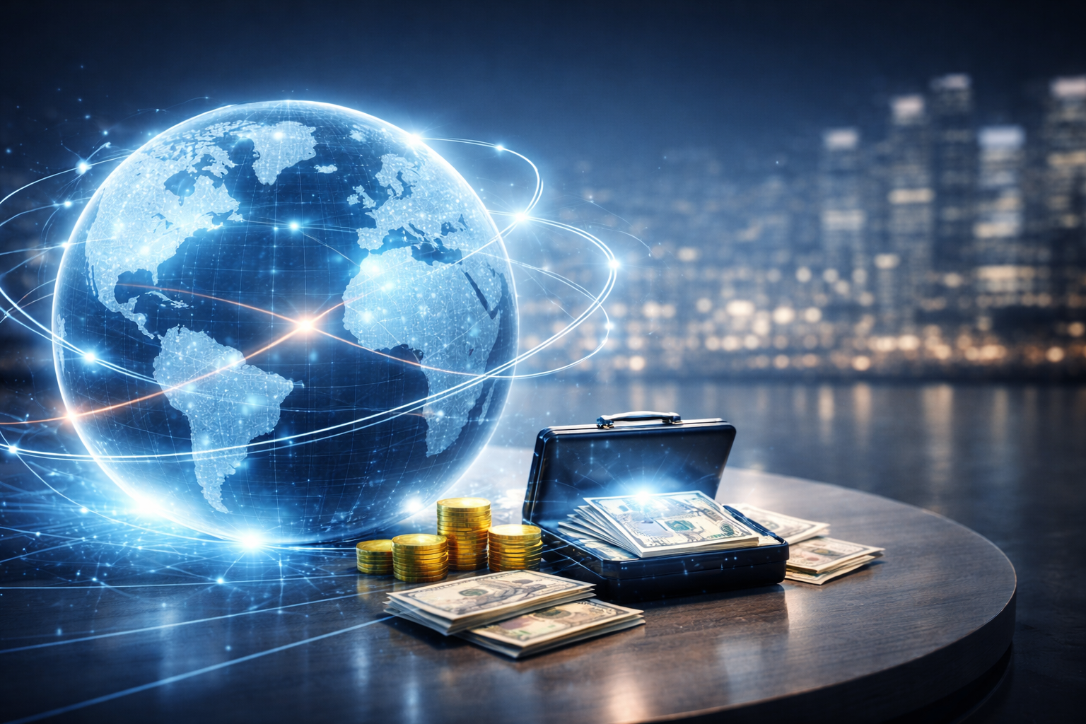 Enterprise global payments scene with digital globe, cash case and high-value settlement imagery